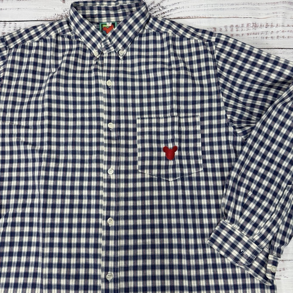 VTG Mickey Unlimited Blue Plaid Button Up LS Shirt Med Mickey Embroidered Pocket